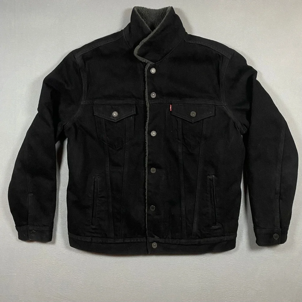 Levis Mens Type 3 Sherpa Trucker Jacket Black Denim Faux Fur Lined 16365-0054 L - Picture 2 of 9